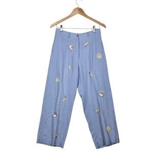 Jillian Jones 100% Linen Cropped Pants 6 Light Blue Embroidered Seashells Beach